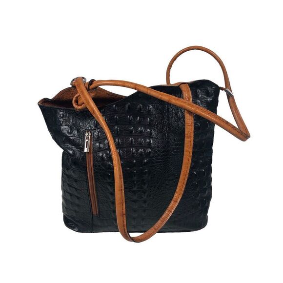 Moda In Pelle Purse Womens Black Ostrich Pattern Italian Leather Tote Backpack - Picture 9 of 16